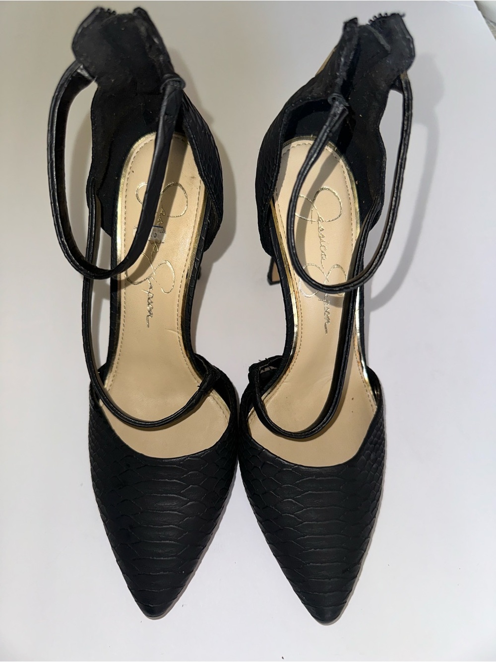 Jessica Simpson Black Textured Pointed-Toe Ankle-Strap Heels
